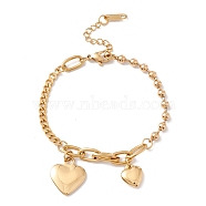 Vacuum Plating Double Heart Charms Bracelet with 304 Stainless Steel Chains for Women, Golden, 6-7/8 inch(17.4cm)(STAS-P304-09G)