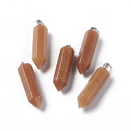 Natural Pink Aventurine Double Terminated Pointed Pendants, with Platinum Tone Brass Findings, Bullet, 39x10x10mm, Hole: 3x6mm(G-G926-01P-12)