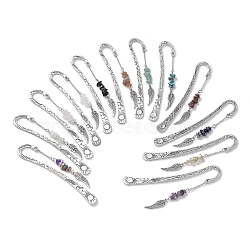 Natural Gemstone & Glass Chip Pendant Bookmark with Alloy Wing, Hook Bookmark, 120x22.5mm, 12pcs/set(AJEW-JK00241)