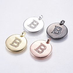 Brass Pendants, with Micro Pave Cubic Zirconia, Flat Round with Letter, Letter.B, 23~23.5x2mm, Hole: 3.5x4mm(KK-K218-B)