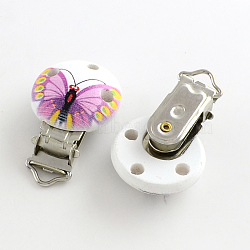 Butterfly Pattern Printed Wooden Baby Pacifier Holder Clip with Iron Clasp, Flat Round, Platinum, Orchid, 28x28mm, Hole: 4mm(WOOD-R241-31)