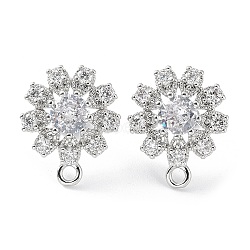 Hollow Flower Brass Micro Pave Cubic Zirconia Stud Earrings Finding, with Horizontal Loops, Cadmium Free & Lead Free, Platinum, 18.5x15mm, Hole: 1.8mm, Pin: 0.8mm(KK-E083-07P)