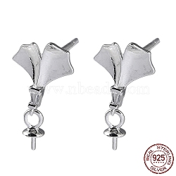 Rhodium Plated 925 Sterling Silver Stud Earring Findings, with Clear Cubic Zirconia, Gingko Leaf, for Half Drilled Beads, with S925 Stamp, Real Platinum Plated, 15x8.5mm, Pin: 11x0.9mm and 0.9mm(STER-M115-20P)