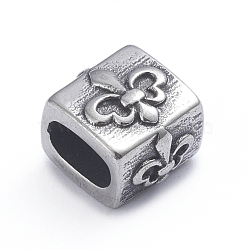 Retro 304 Stainless Steel Slide Charms/Slider Beads, for Leather Cord Bracelets Making, Rectangle with Fleur De Lis, Antique Silver, 11x12x9.5mm, Hole: 4.5mm(STAS-L243-008AS)