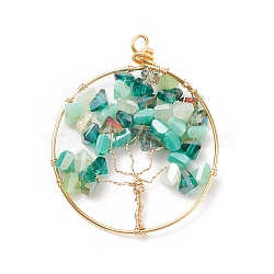 Electroplate Glass Pendants, with Real 18K Gold Plated Tone Eco-Friendly Copper Wire, Ring with Tree, Aquamarine, 47~50x38~39x5~6mm, Hole: 2.5~4.5mm(PALLOY-JF01546-03)
