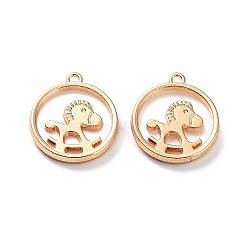 Rack Plating Alloy Resin Imitation Shell Pendants, Flat Round with Rocking Horse Charms, Light Gold, 17x15x2mm, Hole: 1.4mm(FIND-E043-09KCG)