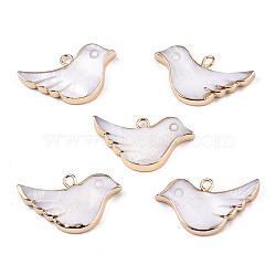 Natural Freshwater Shell Pendants, with Iron Loops, Brass Edge Golden Plated, Bird, Rosy Brown, 14x25x3mm, Hole: 1.8mm(SHEL-N026-135)