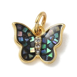 Brass Micro Pave Cubic Zirconia Charms, with Resin, Butterfly, Real 14K Gold Plated, with Jump Ring, Colorful, 9x11x2mm, Hole: 3mm(KK-U046-16G-01)