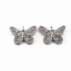 Non-Tarnish 304 Stainless Steel Pendants, with Jump Rings, Butterfly, Stainless Steel Color, 10.5x15.5x2mm, Jump Ring: 3.8x0.5mm, 2.8mm inner diameter(STAS-S116-117B-P)