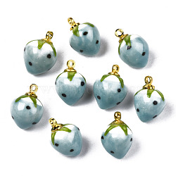 Handmade Porcelain Pendants, with Golden Plated Brass Findings, Famille Rose Style, 3D Strawberry, Medium Turquoise, 14~16x10~11mm, Hole: 1.6mm(PORC-N004-152A-02)