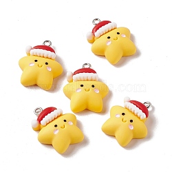 Christmas Theme Opaque Resin Pendants, with Platinum Tone Iron Findings, Star with Hat, Gold, 25x20x8.5mm, Hole: 2mm(FIND-E025-16)