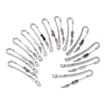 Natural Gemstone & Glass Chip Pendant Bookmark with Alloy Wing, Hook Bookmark, 120x22.5mm, 12pcs/set