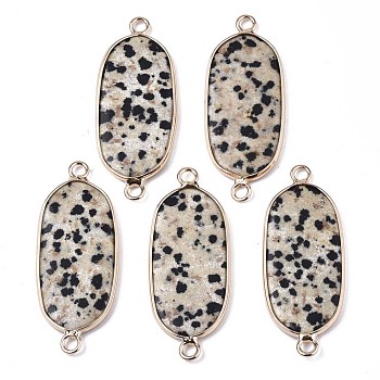 Natural Dalmatian Jasper Links Connectors, with Edge Light Gold Plated Brass Findings, Oval, 40x16x3~4mm, Hole: 2mm