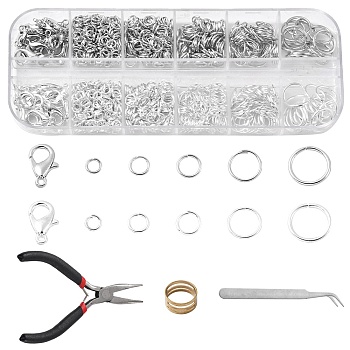 DIY Jewelry Making Finding Kit, Including Zinc Alloy Lobster Claw Clasps, Iron Open Jump Rings, Pliers, Brass Rings, Tweezer, Platinum & Silver, 869Pcs/set