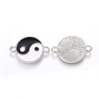 Feng Shui Alloy Enamel Links connectors, Flat Round with Yin Yang, Black & White, Platinum, 26x18x2mm, Hole: 3mm