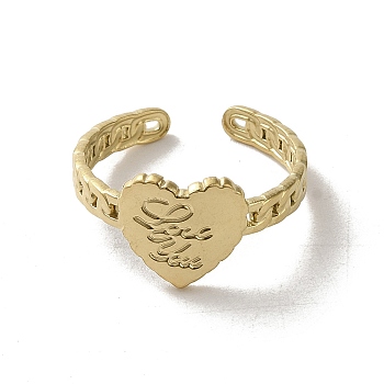 Valentine's Day 304 Stainless Steel Heart Open Cuff Rings, Jewely for Women, Word Love You, Golden, Inner Diameter: 18mm