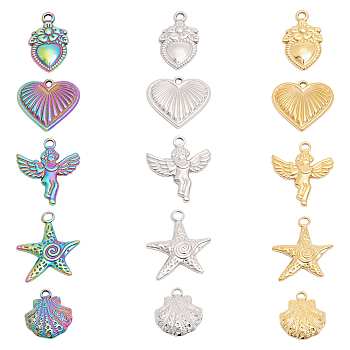 15Pcs 15 Styles 304 Stainless Steel Pendants, Angel & Heart & Heart with Flower & Shell Shape & Starfish, Mixed Color, 17.5~23x13~20x2.5~3mm, Hole: 1.8~2mm, 1pc/style