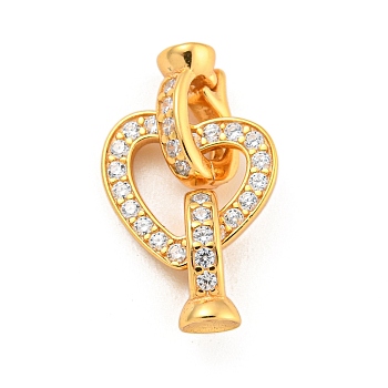 925 Sterling Silver Micro Pave Clear Cubic Zirconia Fold Over Clasps, Heart, Real 18K Gold Plated, 19mm, Hole: 3mm