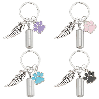 Alloy Enamel Dog Paw Print & 304 Stainless Steel Capsule Pendant Keychains, with Split Key Rings and Wing Pendant, for Car Key Bag Decoration, Mixed Color, 6cm, 4 colors, 1pc/color, 4pcs/set