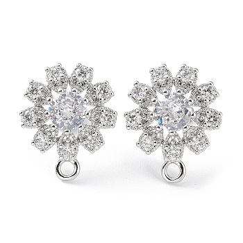 Hollow Flower Brass Micro Pave Cubic Zirconia Stud Earrings Finding, with Horizontal Loops, Cadmium Free & Lead Free, Platinum, 18.5x15mm, Hole: 1.8mm, Pin: 0.8mm
