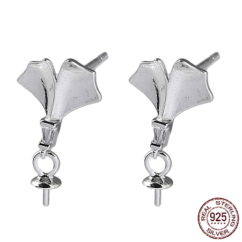 Rhodium Plated 925 Sterling Silver Stud Earring Findings, with Clear Cubic Zirconia, Gingko Leaf, for Half Drilled Beads, with S925 Stamp, Real Platinum Plated, 15x8.5mm, Pin: 11x0.9mm and 0.9mm