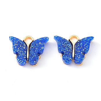 Alloy Enamel Pendants with Glitter Powder and Zinc Alloy Hanging Plating, Butterfly, Light Gold, Blue, 13x15x3.5mm, Hole: 2.0mm