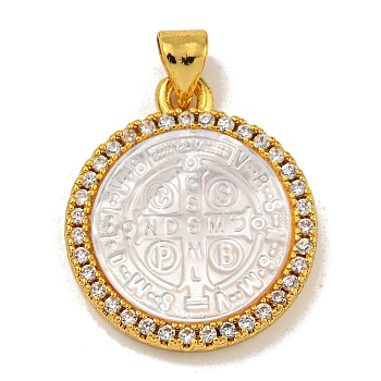 Rack Plating Brass Micro Pave Clear Cubic Zirconia Flat Round Pendants, Carved Natural White Shell Saint Benedict Medal Charms, Golden, Cross, 22.5x19x3.5mm, Hole: 5X2.5mm