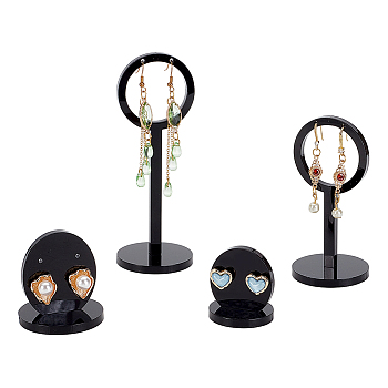 AHADERMAKER 2 Sets 2 Styles Acrylic Earring Display Stand Sets, Including Earring Display Riser and Flat Round Earring Stud Holder, Black, 3.5~4.5x4.5~12.5cm, 1 set/style