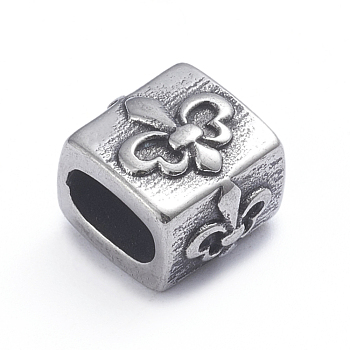 Retro 304 Stainless Steel Slide Charms/Slider Beads, for Leather Cord Bracelets Making, Rectangle with Fleur De Lis, Antique Silver, 11x12x9.5mm, Hole: 4.5mm