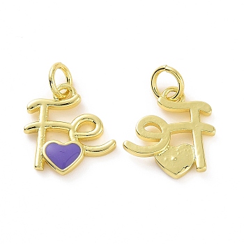 Rack Plating Brass Enamel Charms, with Jump Ring, Long-Lasting Plated, Real 18K Gold Plated, Cadmium Free & Lead Free, Word Fe with Heart, Blue Violet, 13.5x12.5x2.5mm, Jump Ring: 5x0.8mm, Inner Diameter: 3mm