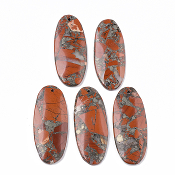 Assembled Synthetic Pyrite and Red Jasper Big Pendants, Oval, 50x20x4~5mm, Hole: 1.2~1.8mm