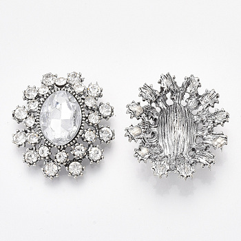 Antique Silver Plated Alloy Cabochons, with Resin Rhinestone and Crystal Glass Rhinestone, Faceted, Oval, Clear, 27.5x24.5x7mm