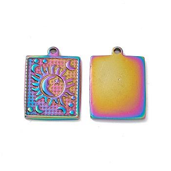 Ion Plating(IP) 304 Stainless Steel Pendants, Rectangle with Sun & Moon Pattern Charms, Rainbow Color, 22.5x17x2mm, Hole: 1.4mm