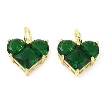 Rack Plating Brass Pendants, with Glass, Long-Lasting Plated, Lead Free & Cadmium Free, Heart, Green, 13.5x14x5.5mm, Hole: 4mm