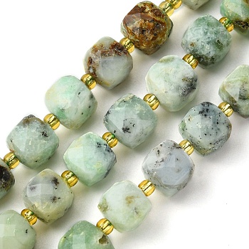 Natural Chrysoprase Beads Strands, with Seed Beads, Faceted Cube, 8~9x8~9x8~9mm, Hole: 0.9~1mm, about 35~39pcs/strand, 14.80''~15.16''(37.6~38.5cm)