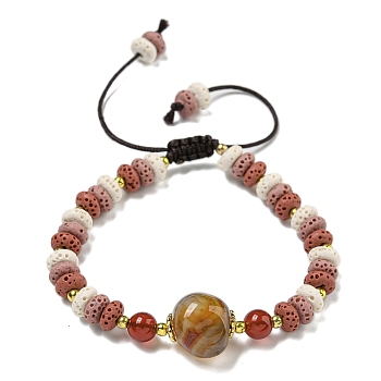 Dyed Natural Lava Rock Rondelle Braided Bead Bracelets, Dyed Natural Agate Link Bracelets for Women Men, Dark Red, Inner Diameter: 2~3-1/8 inch(5~8cm)