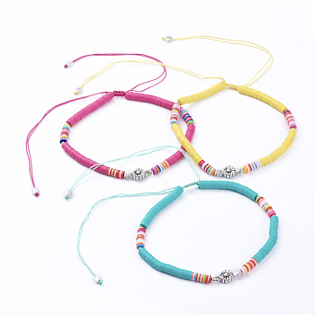 Adjustable Nylon Cord Braided Beaded Necklaces, with Polymer Clay Heishi Beads, Tibetan Style Alloy Beads and Iron Beads, Mixed Color, 12.59 inch~25.2 inch(32~64cm)