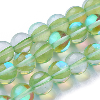 Synthetic Moonstone Beads Strands, Dyed, Holographic Beads, Half AB Color Plated, Round, Light Green, 8mm, Hole: 1mm, about 49pcs/strand, 15 inch