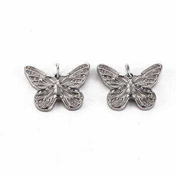 Non-Tarnish 304 Stainless Steel Pendants, with Jump Rings, Butterfly, Stainless Steel Color, 10.5x15.5x2mm, Jump Ring: 3.8x0.5mm, 2.8mm inner diameter