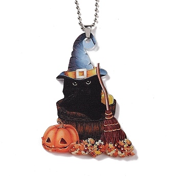 Opaque One-sided Printed Acrylic Big Pendants, with Iron, for Halloween, Cat with Pumpkin, Black, 300x2mm, Hole: 4mm