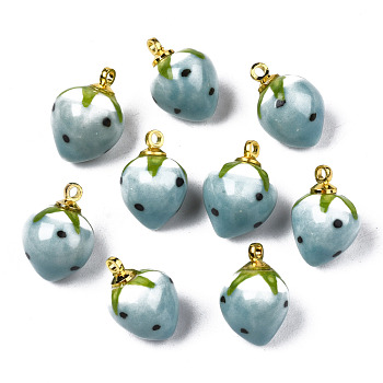 Handmade Porcelain Pendants, with Golden Plated Brass Findings, Famille Rose Style, 3D Strawberry, Medium Turquoise, 14~16x10~11mm, Hole: 1.6mm