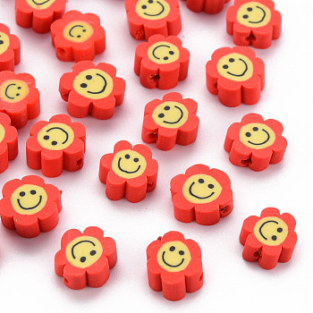 Handmade Polymer Clay Beads, Flower with Smiling Face, Red, 9~10x8~9x4~5mm, Hole: 1.4~1.6mm