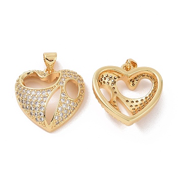 Brass Micro Pave Cubic Zirconia Pendants, Hollow Heart Charm, Real 18K Gold Plated, 19.5x19x6mm, Hole: 3.5x4mm