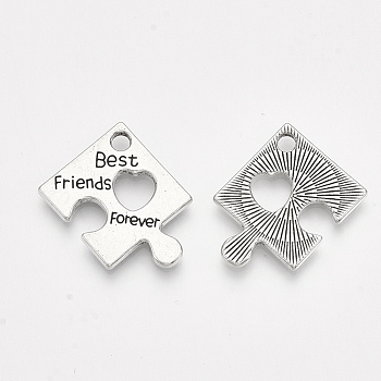 Tibetan Style Alloy Pendants, Puzzle Piece, Cadmium Free & Lead Free,, Puzzle with Word Best Friends Forever, Antique Silver, 22x22x2mm, Hole: 2mm, about 377pcs/1000g