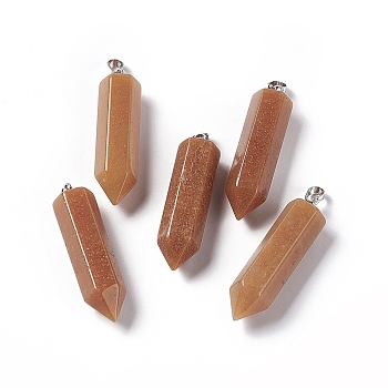Natural Pink Aventurine Double Terminated Pointed Pendants, with Platinum Tone Brass Findings, Bullet, 39x10x10mm, Hole: 3x6mm