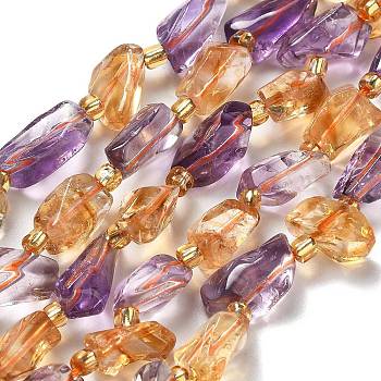 Natural Citrine & Amethyst Beads Strands, with Glass Seed Beads, Nuggets, 10~22x5~10x5~7mm, Hole: 1.2mm, about 23~26pcs/strand, 15.16~15.75''(38.5~40cm)