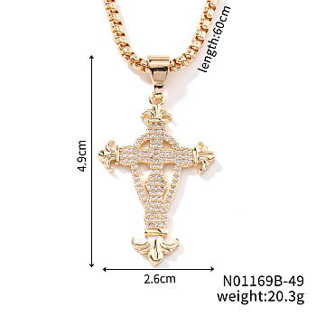 Hip-hop Style Brass Clear Cubic Zirconia Cross Pendant Box Chain Necklaces, Golden, 23.62 inch(60cm)