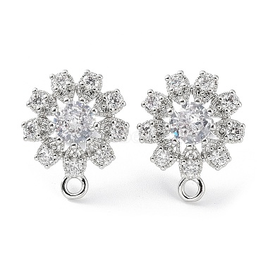 Platinum Clear Flower Brass+Cubic Zirconia Stud Earring Findings