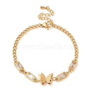 Cubic Zirconia Rectangle & Butterfly Link Bracelet, with Ion Plating(IP) Golden 304 Stainless Steel Curb Chains, Clear, 6-3/8 inch(16.3cm)(BJEW-D025-04G-02)