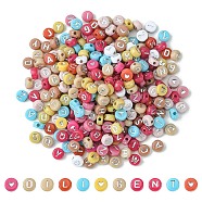 Opaque Acrylic Beads, Metal Enlaced, Flat Round with Random Letter/Heart, Mixed Color, 6.5~7x7x3~4mm, Hole: 1.6~1.8mm, 300pcs/bag(MACR-YW0002-65)